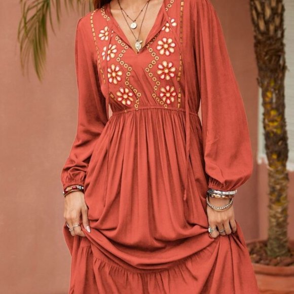 burnt Orange Flower Embroidered Ruffle Hem Dress - Picture 4 of 7